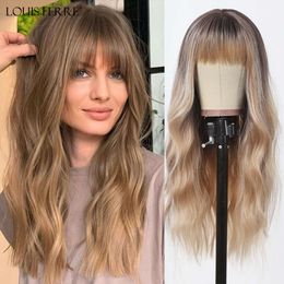 FERRE Ombre Brown Blonde Synthetic for Women Long Natural Wavy Hair Wigs with Bangs Daily Party Heat Resistant Fibre