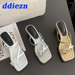 Dress Shoes Heels Sandals Casual Ladies Summer 2024 Female Fashion Square Toe Slingbacks Thick-Heeled Outside Slides Women