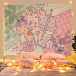 Tapestries Girl Peach Blossom Tapestry Cute Ice Cream Camera Kawaii Room Decor Dorm Bedroom Decoration Aesthetic Fabric Background