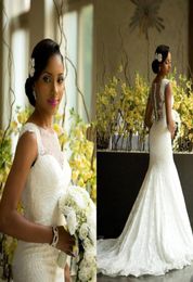 Amazing African Style Lace Wedding Dresses 2016 Sheer Neck Back Covered Buttons Bridal Gowns Plus Size Sweep Train Newest Wedding 7821261