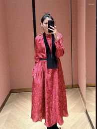 Casual Dresses Red Women Printed Midi Dress Ribbon Stand Collar Elegant Long Sleeve 2024 Spring Female Silk Robes