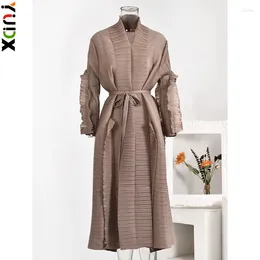 Casual Dresses YUDX Miyake Vintage Solid Colour Pleated Long Dress Women Patchwork Belt Gathered Waist 2024 Spring Clothing