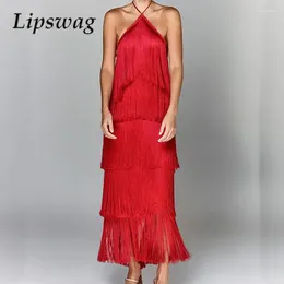 Casual Dresses Sexy Off-Shoulder High Waist Slim-Fit Dress Chic Club Party Tassel Sleeveless Long Fashion Layered Solid Colour