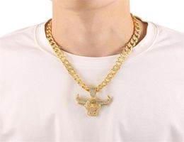 Pendant Necklaces Fashion Cuba Men Hip Hop Full Rhinestone Bull Head Necklace Sparkling Out Gold Punk For Boyfriend Gift4885828