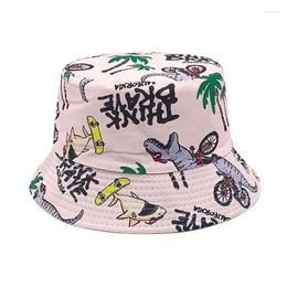 Berets Polyester Cartoon Dinosaur Print Bucket Hat Outdoor Travel Sun Cap For Child Boy And Girl 76