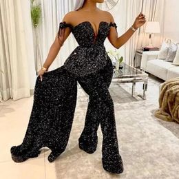 Party Dresses 2024 Black Sequined Evening Jumpsuit Satin Bow Back With Detachable Skirt Formal Dress Sweetheart Neck Floor Length