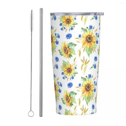 Tumblers Yellow Sunflower Plant Stainless Steel Tumbler Flower Thermal Mug With Straws And Lid 20oz Mugs Cup Cold Water Bottle