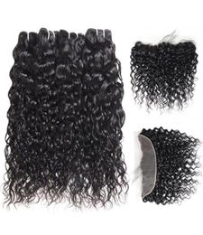 Indian Virgin Hair Extensions Whole Peruvian Brazilian Hair Bundles With Closure Water Wave 4pcs With 1325 Lace Frontal20656746101814