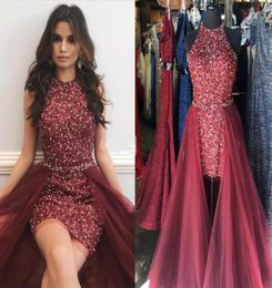 Sparkly Maroon Red Short Jumpsuits Prom Dresses Jewel Neck Sleeveless Crystal Beading Sheath Tulle Overskirt Cocktail Party Pagean2063607