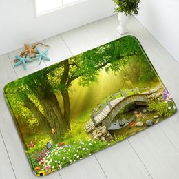 Bath Mats Dream Forest Non-Slip Bathroom Mat Green Plant Flower Waterfall Mushroom House Bedroom Kitchen Doormat Absorbent Carpet Washable