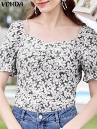 Women's Blouses VONDA Summer Women Blouse Fashion Shirts 2024 Floral Printed Sexy Square Neck Short Sleeve Elegant Ruffled Tops Casual