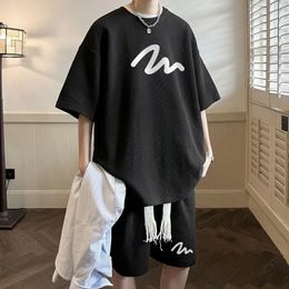 2 Pieces Men Shorts Set Summer Waffle Pattern Hong Kong Style Casual O Neck Half Sleeve T Shirt Oversize Loose Print Sets 240401