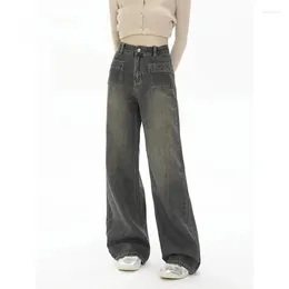 Women's Jeans High-waisted Vintage Straight-leg Autumn Pocket Fashion Design Sense Pants Chic Y2K Style Denim Trousers