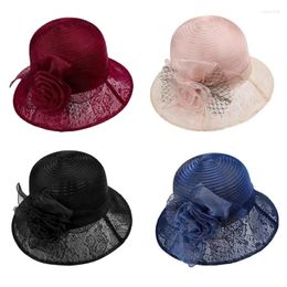 Berets Breathable Yarn Bucket Hat For Lady Tea Party Floppy With Flower Decals Summer Camping Spring Sun D46A