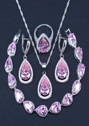 Earrings Necklace Promotion Pink Cubic Zircon Water Drop Silver Colour Jewellery Set Ring Bracelet1769374