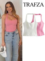 Women's Tanks TRAFZA Women Fashion Halter Neck Cropped Top Slim Chic Sleeveless Backless Female Solid Colour Tank Sexy Side Zipper Camisole