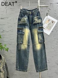 Women's Jeans High Waist 3d Multiple Pockets Loose Straight Wide Leg Cargo Denim Pants 2024 Autumn Fashion 29L3664