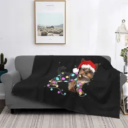 Blankets Cute Terrier Santa Hat Christmas Light Yorkshire Cartoon Blanket Fleece Spring Thin Throw For Bed Plush Quilt