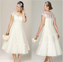 Sheer Lace Wedding Dresses with Illusion Neckline Short Sleeve Tea Length Bridal Gowns Appliques 2015 Plus Size Wedding Gowns8870987