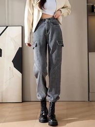Women's Jeans Multi Pocket Straight Loose Fitting High Waisted Plush Vintage Casual Fashion Patchwork Harlan Denim Pants