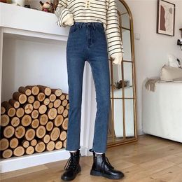 Women's Jeans N6228 Retro Hong Kong Flavour High-waisted Slim Design Button Stretch Pipe Nine-point