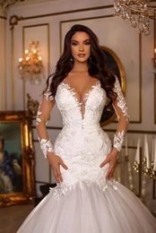 Charming Mermaid Wedding Dresses Long Sleeves Lace Appliques Illusion Sexy Bridal Gowns Ivory Tulle Bride dress Sheer Back Summer Vestido De Novia 2024