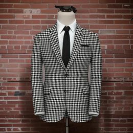 Men's Suits Plaid Blazer For Men 1 PCS Suit Jacket With Side Slit Slim Fit Houndstooth Checked Casual Coat 2024