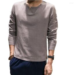 Men's Casual Shirts Traditional Long Sleeve Summer Pure Colour Mandarin Collar Tops Thin Linen Cotton Slim Fit Male