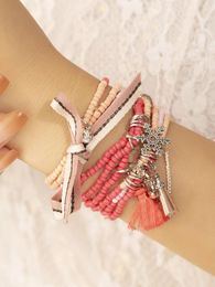 Strand 3-Piece Pink Bi-Color Glass Bead Alloy Snowflake Pendant Bracelets