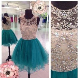 2021 Sexy Homecoming Dresses Jewel Neck Hunter Teal Tulle Crystal Beaded Illusion Short Mini Party Graduation Formal Cocktail Gown2035066