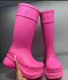 Fuchsia Knee Boots Dongdong decorative Rainboots sponge cake thick bottom shoes Chunky Med Heels shoe Women Heel Mid Wear Resistan4386376