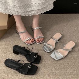 Dress Shoes 2024 Summer Shiny Rhinestone Women Slippers Sexy Narrow Band Open Toe Slides Ladies Party Thick Heel Sandals