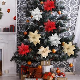 Decorative Flowers Artifical Christmas Tree Decorations Glitter Artificial Flower Iron Wire Silver For Home Flannel Poinsettia Champagne