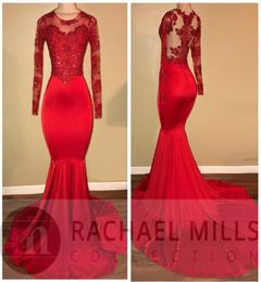 Modest Red Sheer Prom Dresses Mermaid Appliqued Sequined African Black Girls Long Sleeves Evening Celebrity Gowns Red Carpet Dress8406646