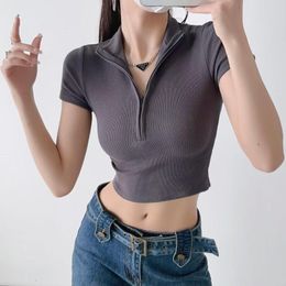 Women's T Shirts INS Fashion Style Spring And Summer Stand-up Collar Short-Sleeved T-shirt Internet Celebrity High Waist Short Slim Fit Sexy