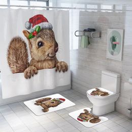 Shower Curtains Cute Squirrel Wears A Santa Hat Printed Bath Waterproof Bathroom Christmas Curtain Toilet Cover Mat Non Slip Rug