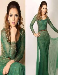 2020 New Saudi Arabic Green Evening Dresses Bateau Lace Crystal Beaded Sheer Long Sleeves Prom Gowns Mermaid Dress Evening Wear4865620