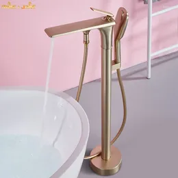 Bathroom Sink Faucets Frosted Gold Floor Stand Basin Faucet Brush Bathtub Tap Shower Mixer Brass