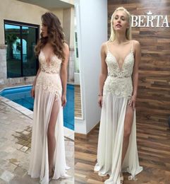 New Berta Sexy Split Evening Gowns Plunging V neck Cheap Backless Lace Applique Prom Party Dress 2019 Chiffon Formal Celebrity Gow1423548