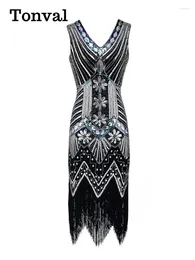 Casual Dresses Tonval 1920s Party Women Flapper Dress V-Neck Sleeveless Sequin And Beaded High Waist Evening Cocktail Midi