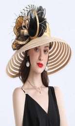 Elegant Women Feather Flower Striped Kentucky Derby Hat 16cm Wide Brim Church Dress Sun Hat Lady Summer Beach Party Wedding Hat Y24962187