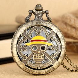 Vine Bronze One Piece Pocket Watch Japanese Animate Pirate Skull Quartz Watches Men Women Kids Necklace Pendant Chain Clock Gif1483041