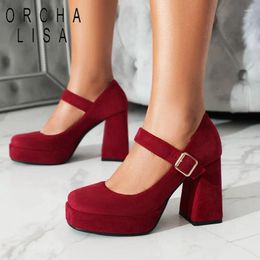 Dress Shoes ORCHA LISA Elegant 9.5cm Thick Square Heel Mary Janes Women Pumps 2.5cm High Platform 43 One Buckle Round Toe Suede Black