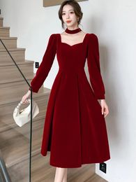Casual Dresses Female Red Velvet Chic Sqaure Collar Beading Sexy Long Dress Autumn Winter Elegant Wedding 2024 Luxury Party Evening