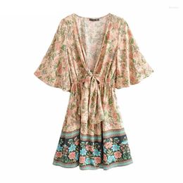 Party Dresses Happie Queens Women Floral Print Deep V-neck Sashes Bohemian Mini Dress Ladies Batwing Sleeve Bow Boho Vestidos