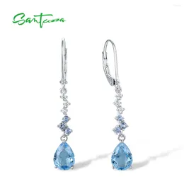 Dangle Earrings SANTUZZA Pure 925 Sterling Silver For Women Sparkling Blue Glass/Spinel White Cubic Zirconia Dangling Fine Jewellery