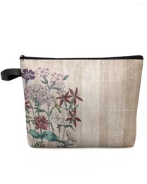 Cosmetic Bags Retro Flower Wood Grain Makeup Bag Pouch Travel Essentials Lady Women Toilet Organizer Kids Storage Pencil Case