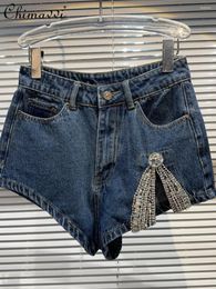 Women's Jeans 2024 Summer Fashion Rhinestone Bow Split Shorts Love Washed Ultra Short Girl Temperamental Pants