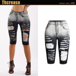 Women's Jeans European And American Elastic Holes Straight Tube Five-point Pants Black Woman