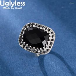 Cluster Rings Uglyless Exotic Rectangle Women Agate Facet Natural Black Gemstones Ring 925 Sterling Silver Square Jewellery Retro